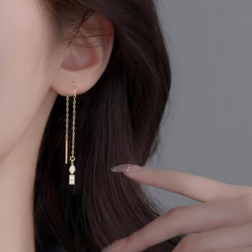 Long Chain Drop Earrings for Women, 925 Sterling Silver, Dainty Dangling Elegant Earrings for Daily Wear, Gift for Her - color: G-LF