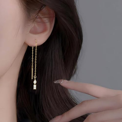 Long Chain Drop Earrings for Women, 925 Sterling Silver, Dainty Dangling Elegant Earrings for Daily Wear, Gift for Her - color: G-LF
