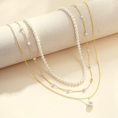 Pearl Necklaces for Women Trendy, 18K Gold/Silver Plated Layered Pearl Necklaces Dainty Pearls Choker Necklace and Earring Set Birthday Gifts for Mom Wife Daughter Sister Friends - color: Gold Pearl Necklace-3pcs
