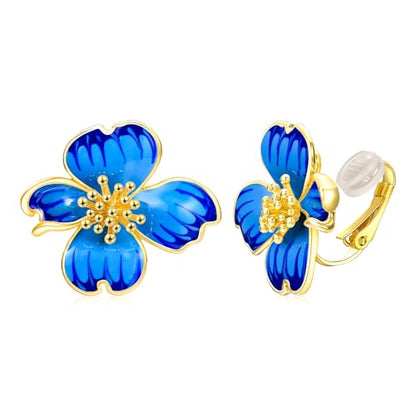 Clip on Earrings Women, 14K Gold Plated Earrings for Sensitive Ears, Fashion Women's Earrings Jewelry Birthday Gift for Wife Grandma Daughter Girls on Christmas Thanksgiving - color: Cherry Blossom Navy Blue Gradient Enamel Earrings