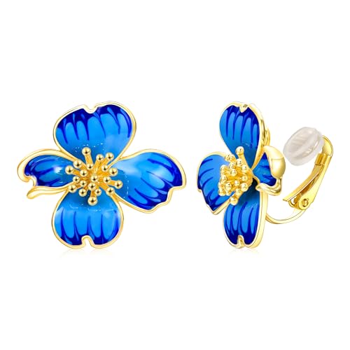Clip on Earrings Women, 14K Gold Plated Earrings for Sensitive Ears, Fashion Women's Earrings Jewelry Birthday Gift for Wife Grandma Daughter Girls on Christmas Thanksgiving - color: Cherry Blossom Navy Blue Gradient Enamel Earrings