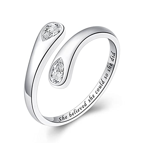 Fookduoduo 925 Sterling Silver Ring Inspirational Jewelry adjustable Wrap Open Rings for Women - style: She believed she could so she did, style 2