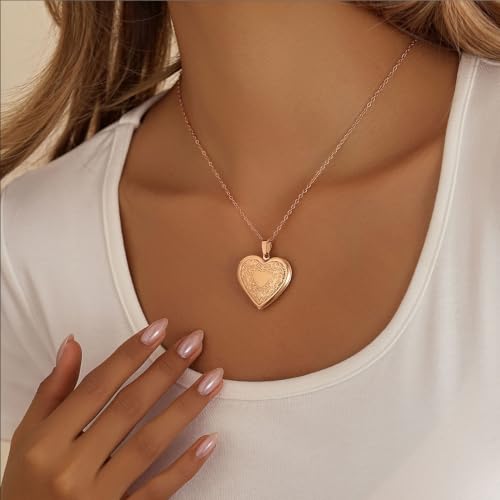 PHOCKSIN Personalized Locket Necklace for Women Photo Necklace with Customized Picture Birth Flower Birthstone Customizable Birthday Gifts - color: #08-Heart Rose Gold Flower