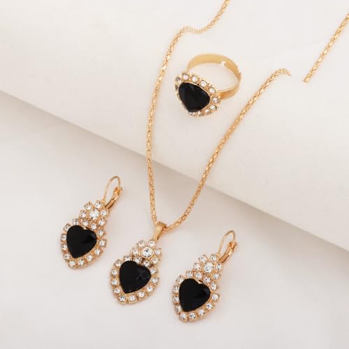 Teardrop/Heart Crystal Jewelry Set for Women, Gold Tone Rhinestone Necklace Earrings Ring Set, Wedding Bridal Prom Party Jewelry Gift - color: Black (Heart)
