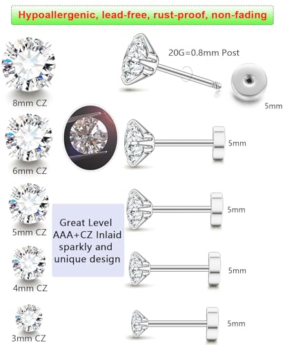 Stainless Steel Stud and Hoop Earrings Sets for Ear Stacks | Choose gold or silver pearl studs, CZ studs, flat backs, butterfly backs, hoops and multi-pair ear stack sets. - color: 5 Pairs Silver-Flat Back