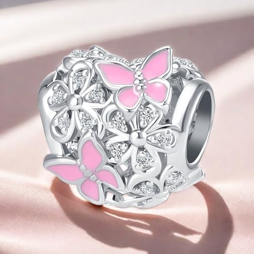 Butterfly Daisy Flower Heart Charm Clear CZ Bead for European Bracelet - style: Pink
