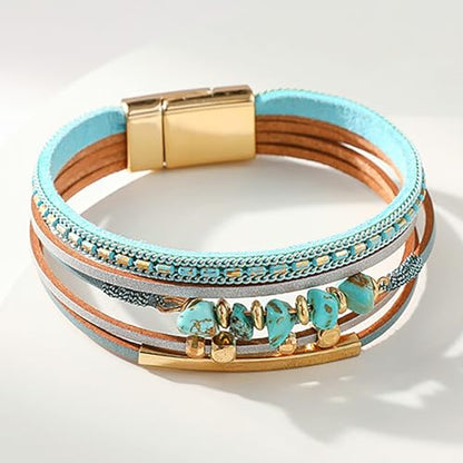 Fesciory Leather Wrap Bracelets for Women, Boho Western Layered Jewelry | Layered leather cuff bracelets, Easy on and off, Boho western style, Daily wear, Gift for women - color: Blue 1