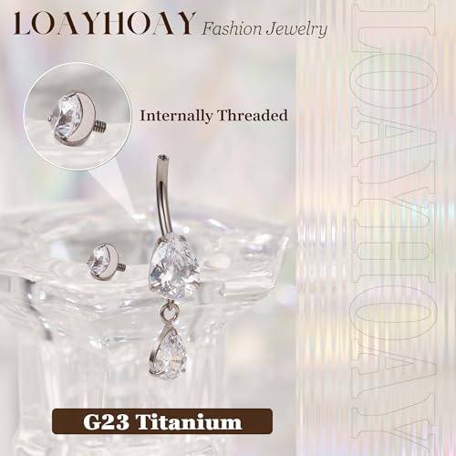 14G G23 Pure Titanium Dangle Belly Button Ring for Women Dangling CZ Navel Ring Teardrop Curved Barbell Belly Rings Internally Threaded Belly Piercing Jewelry - color: Silver
