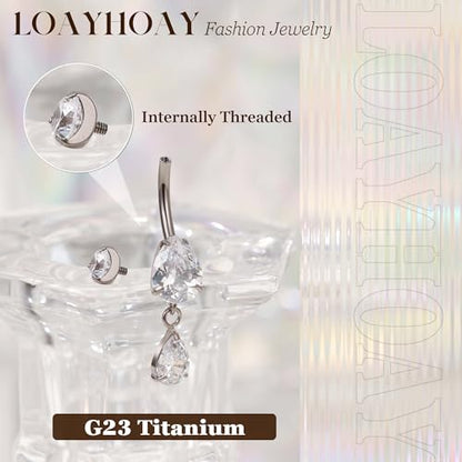 14G G23 Pure Titanium Dangle Belly Button Ring for Women Dangling CZ Navel Ring Teardrop Curved Barbell Belly Rings Internally Threaded Belly Piercing Jewelry - color: Silver