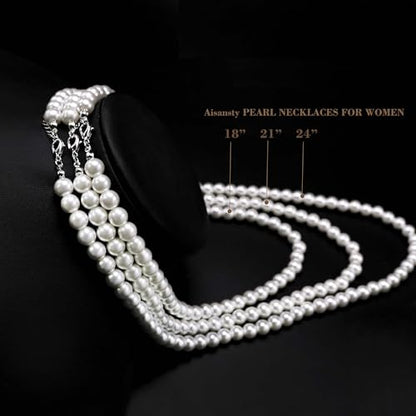 Long Pearl Necklaces for Women Cream White Faux Pearl Strand Layered Necklace Costume Jewelry - color: 3Pcs Cream White Pearl Necklace (8MM)