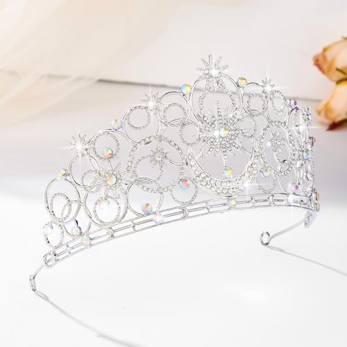 Crystal Crowns for Women, Crystal Bubble TiaraBride Royal Queen Headband Princess Headpieces for Women Bridal Wedding Prom Birthday Party Crowns - color: Silver Star & Moon Crown