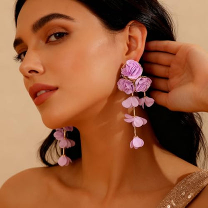 Fabric Flower Earrings for Women Colorful Long Tassel Floral Drop Earrings Fashion Boho Exaggerated Statement Beach Party Jewelry - color: Purple