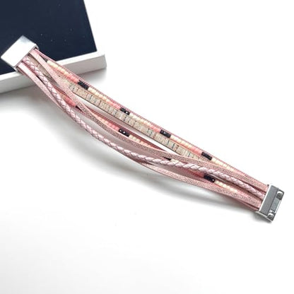 Women's Multi Layer Leather Wrap Bracelet String Bracelets for Women, Boho Braid Multi-Layer Crystal Beads Cuff Women Bracelet Jewelry - color: Pink