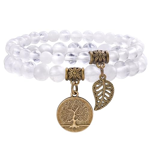 Bivei Natural Semi Precious Gemstone beads bracelet for women - Life Tree and Leaf Charm Energy Reiki Crystal Stretch Bracelets - color: Clear Quartz Bracelet Set, size: Medium:6.8-7.24inch