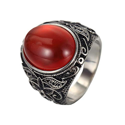 Retro Unisex Stainless Steel Oval Gemstone Hollow Flower Carved Signet Ring - color: Silver-Red