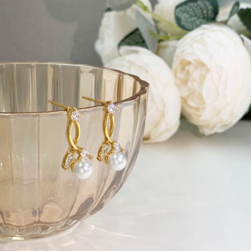 Pearl Earrings for Women 14k Gold/Silver Pearl Drop Earrings Long White Pearl Tassel Dangle Statement Earrings Bridal Wedding Dainty Prom Earrings Birthday Gifts Jewelry - color: Gold CZ Pearl Earrings