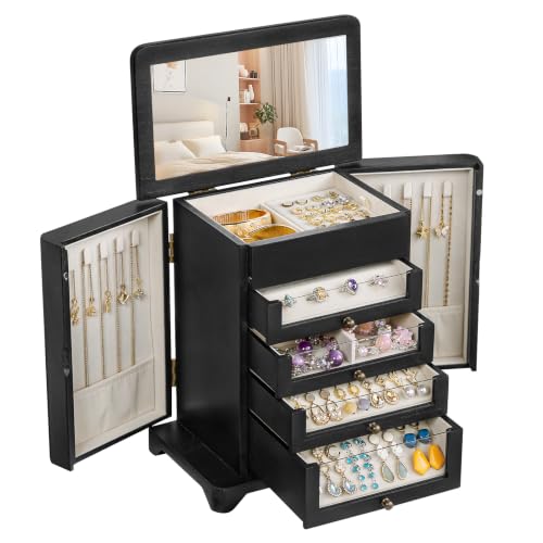 Large Jewelry Box & Organizer for Women, Wooden Jewelry Storage with 4 Transparent Drawers, Holds Necklaces, Rings, Bracelets, Earrings and Watches(Black) - color: Black