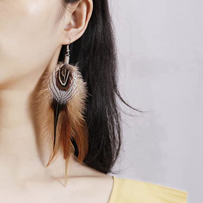 Bohemian Pheasant Peacock Long Feathers Statement Earrings Handmade Natural Lightweight Feather Dangle Earrings for Women (ea000071) - color: Silver Pheasant Brown