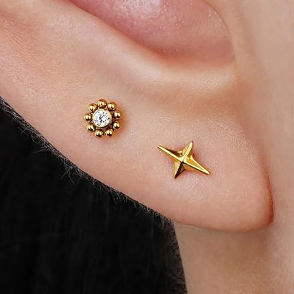 1PC ASTM F136 Titanium Mini Threadless Flat Back Stud 18G 6mm 8mm for Conch Helix Flat Tragus Labret - color: Four-pointed star - Tit