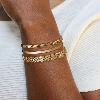Gold/Silver Bracelets for Women,14K Real Gold Plated Bracelets Stack Trendy Jewelry Sets Stackable Snake Chain Figaro Paperclip Link Chain Adjustable Bracelet Pack Jewelry for Women - style: 3PCS-GD