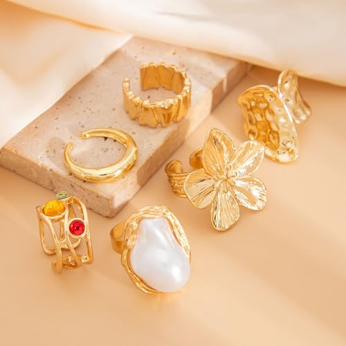 Gold Silver Chunky Ring Set for Women,Open Stacking Knuckle Statement Ring,Boho Flower Baroque Pearl Rings Set,Minimalist Aesthetic Rings Jewelry Gifts