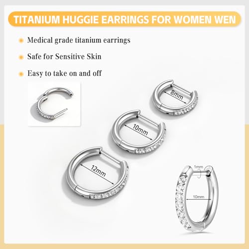AOEDEJ G23 Titanium Black/Steel Gray/Gold Hoop Earrings 18G Small Huggie Hoop Earrings 8mm/10mm/12mm Cartilage for Sensitive Ears for Multiple Piercing Cartilage Hoop Earring Stack Jewelry - style: D-CZ-Silver-8+10+12