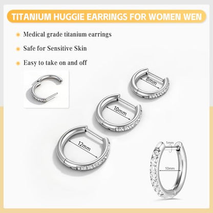 AOEDEJ G23 Titanium Black/Steel Gray/Gold Hoop Earrings 18G Small Huggie Hoop Earrings 8mm/10mm/12mm Cartilage for Sensitive Ears for Multiple Piercing Cartilage Hoop Earring Stack Jewelry - style: D-CZ-Silver-8+10+12