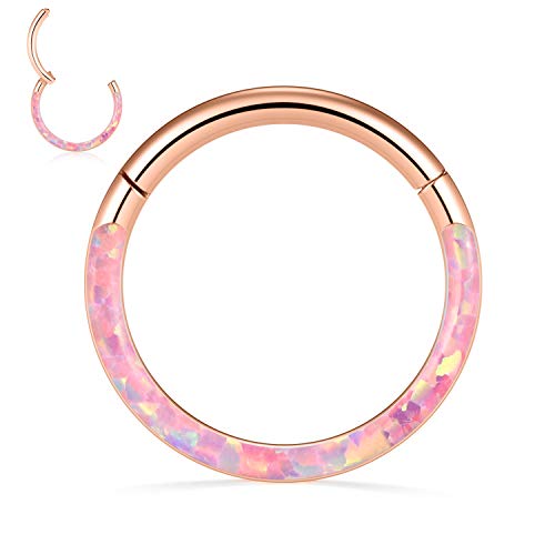 GAGABODY Septum Ring 16 Gauge Earrings Daith Jewelry Surgical Steel Hinged Nose Rings Nose Hoop Cartlidge Earring Hoop Helix Rook Piercing Jewelry - color: Style2:1pc Rose gold+Pink Opal Single Hoop