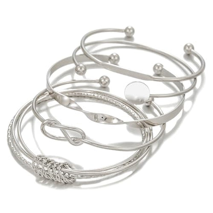 Gold Bangles for Women, 12 Pcs Boho Stackable Bracelets Multi Layer Textured Chunky Bracelets Jewelry Set for Women - color: 5 pcs silver bangles