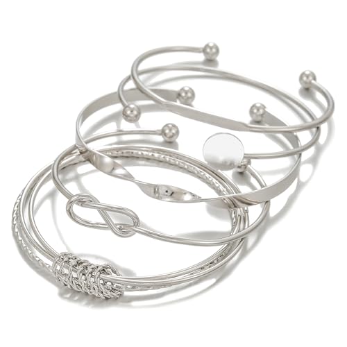 Gold Bangles for Women, 12 Pcs Boho Stackable Bracelets Multi Layer Textured Chunky Bracelets Jewelry Set for Women - color: 5 pcs silver bangles