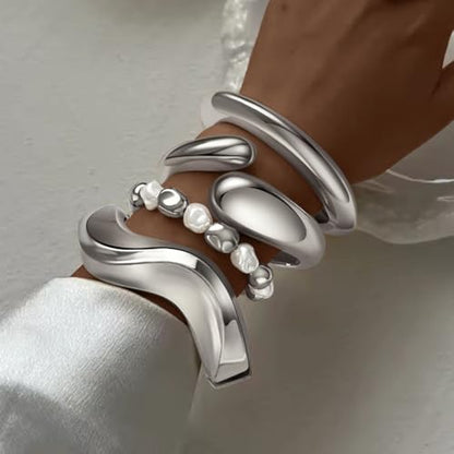 MOZAKA 4PCS Chunky Gold Bangle Bracelets for Women | Trendy Wide Wrist Cuff Bracelets Stack Statement Bangle Fashion Jewelry Gift - color: silver