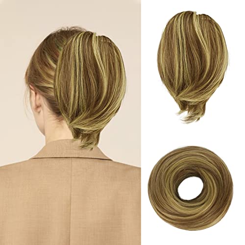 BARSDAR Golden Blonde Synthetic Heat Resistant Hair Bun Extension, Short Straight Thick Hairpiece, 1 Count (Pack of 1) - color: Golden Blonde with Highlights, size: 1 Count - Elastic