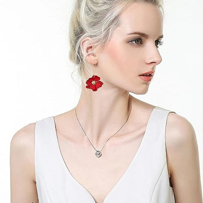 Bohemian Daisy Flower Matte Floral Long Petal Drop Dangle Earrings Layered Tiered for Women Chic Boho Wedding Jewelry - color: Big Red