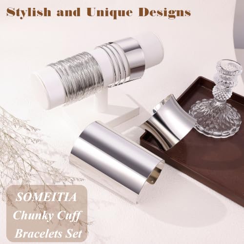 4PCS Chunky Cuff Bracelets Set for Women Hammered Chunky Bracelets Adjustable Open Wide Wire Bracelets Irregular Minimalist Coil Bangle Set Gold Silver Upper Arm Punk Jewelry - color: Silver C
