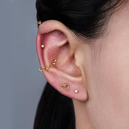 Hollow Heart Piercing Jewelry Collection - ASTM F136 Titanium Internally Threaded Flat Back Stud for Cartilage, Helix, Conch - color: Spiked Heart - Gold