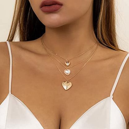 KnBoB 3 Layered Necklaces for Women, Layered Choker Necklaces for Women Adjustable Gold Plated Rolo Chain Necklace with Heart Pendant - color: Gold