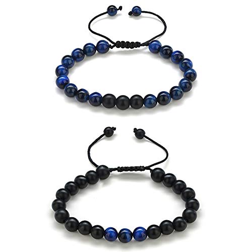 M MOOHAM Mens Bracelet - Beaded Natural Stone 8mm Tiger Eye Matte Agate Lava Rock Bracelets for Men Teen Boys Grandpa Dad Birthday Gifts Jewelry - style: Blue Tiger Eye&Matte Agate Bracelets