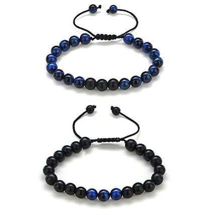 M MOOHAM Mens Bracelet - Beaded Natural Stone 8mm Tiger Eye Matte Agate Lava Rock Bracelets for Men Teen Boys Grandpa Dad Birthday Gifts Jewelry - style: Blue Tiger Eye&Matte Agate Bracelets