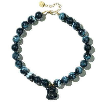 DoDoBeads Chunky Colorful Beaded Initial Necklace, Bubble Letter Choker | Gift box and dust pouch included; waterproof and sweat-resistant with real gold plated stainless steel hardware - color: Black-B