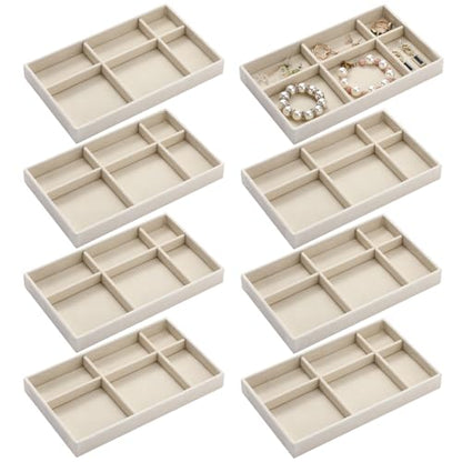 Highergo 8 Pcs Velvet Jewelry Trays Stackable Drawers Organizer Ring Earring Bracelet Necklace Storage Trays, 8.3x4.7x1''(6 Uneven Grids) - style: 6 Uneven Grids