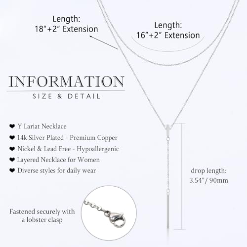 EPIRORA Layered Necklaces for Women, 16” & 20“ Double-Layer Lariat Necklace | 14k Gold/Silver Plated Long Necklaces for Women Trendy Layered Bar Pendant Drop Necklace Lariat Y Necklace Prom Jewelry Gifts - color: Silver
