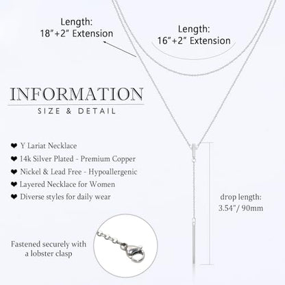 EPIRORA Layered Necklaces for Women, 16” & 20“ Double-Layer Lariat Necklace | 14k Gold/Silver Plated Long Necklaces for Women Trendy Layered Bar Pendant Drop Necklace Lariat Y Necklace Prom Jewelry Gifts - color: Silver