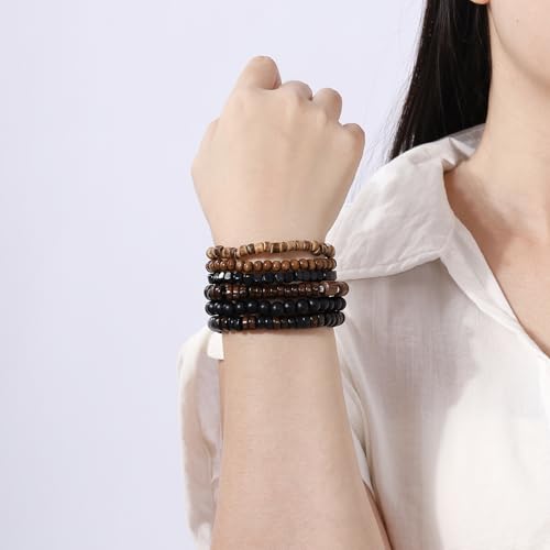 Mens Beaded Bracelets Tribal Wooden Elastic Adjustable Prayer Beads Wrap Cuff for Women - color: T: 6pcs