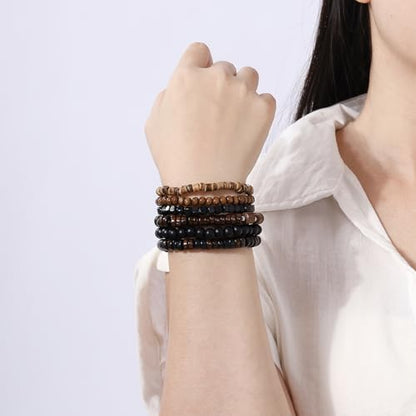 Mens Beaded Bracelets Tribal Wooden Elastic Adjustable Prayer Beads Wrap Cuff for Women - color: T: 6pcs
