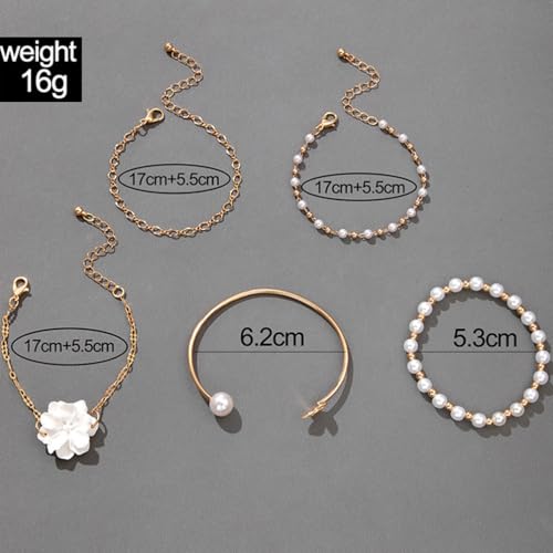 5Pcs Boho White Flower Beaded Pearl Bracelets for Women Trendy, Cute Gold Silver Stackable Floral Petal Pearls Beads Chain Bracelet Holiday Jewelry Gifts - color: Gold