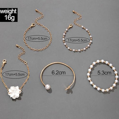 5Pcs Boho White Flower Beaded Pearl Bracelets for Women Trendy, Cute Gold Silver Stackable Floral Petal Pearls Beads Chain Bracelet Holiday Jewelry Gifts - color: Gold