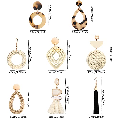 Hicarer 8 Pairs Rattan Earrings for Women Girls Lightweight Summer Acrylic Geometric Statement Woven Earrings Handmade Straw Wicker Braid Teardrop Hoop Drop Dangle Earring(Simple Style)