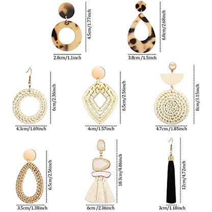 Hicarer 8 Pairs Rattan Earrings for Women Girls Lightweight Summer Acrylic Geometric Statement Woven Earrings Handmade Straw Wicker Braid Teardrop Hoop Drop Dangle Earring(Simple Style)