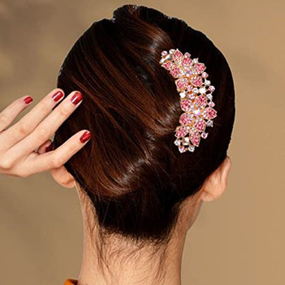 Women Rhinestone Inlaid Flower Hair Comb Hairpin Barrette Accessory,Also Perfect Mother's Day Gifts for Mom (Pink) - color: Pink