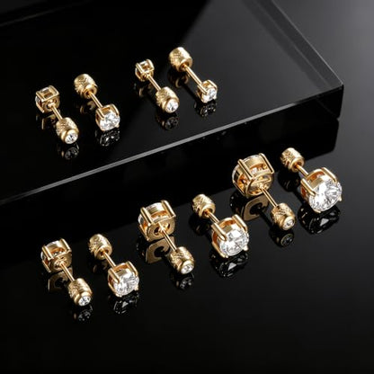 5 Pairs Screw Back Stud Earrings Set, Cubic Zirconia Stud Earring for Women Men Hypoallergenic 316L Surgical Stainless Steel Round Cut CZ 3-7mm - color: Yellow Gold Plated